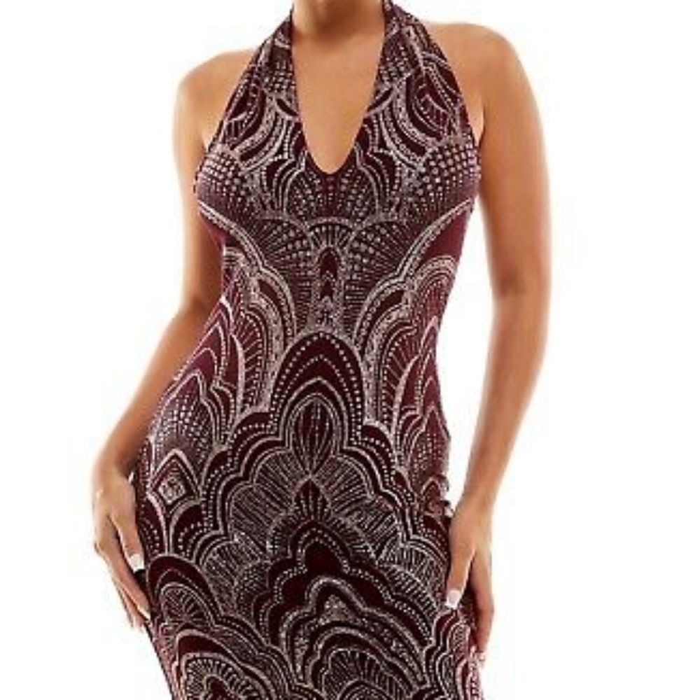 macy's maroon glitter halter dress xl NWT